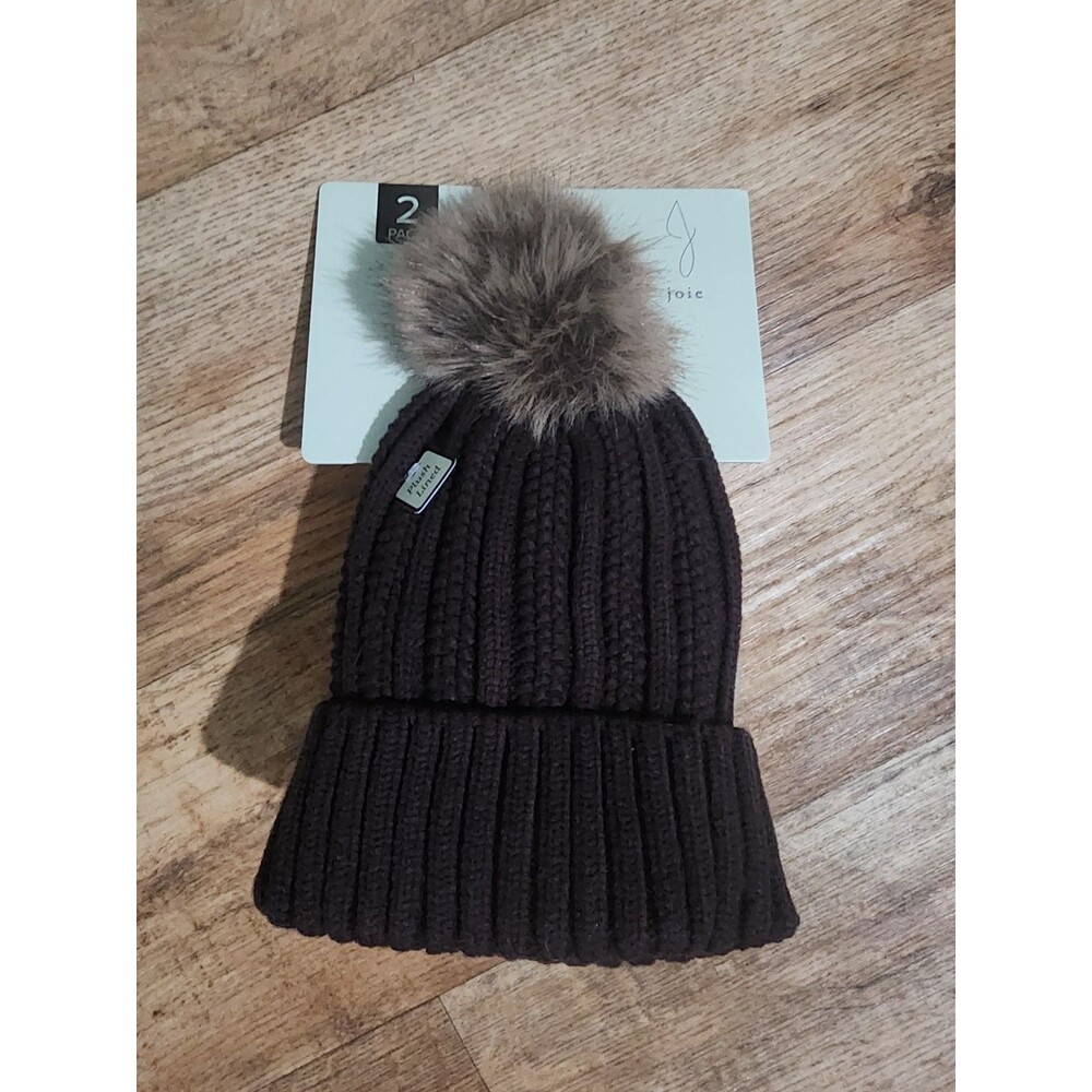 New 2 Pack Joie Plush Lined Pom Pom Beanie Women's Hat Toboggan Brown And Tan